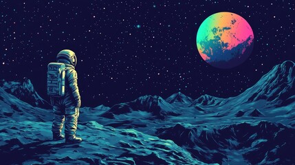 Obraz premium Astronaut Gazes at Planet in a Night Sky with Stars and Mountains