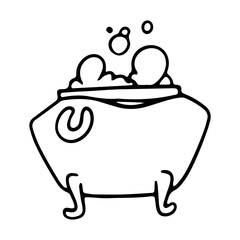 Line sketch of a cauldron with a potion, outline of a cauldron with a magic potion. Halloween decor. Vector graphics