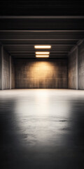 Empty industrial warehouse with concrete walls and overhead lighting. Commercial Real Estate interiors with copyspace.