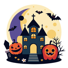 halloween background with pumpkin and bats house 