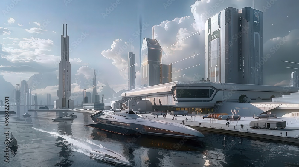 Poster visualize a cargo ship arriving at a futuristic port with advanced loading and unloading technology,