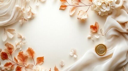 Thanksgiving card mockup with a white and gold color scheme, featuring delicate watercolor-style autumn leaves and a gold wax seal