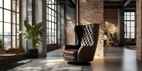Leather armchair in a loft with brick walls.