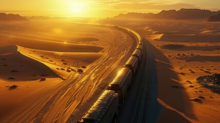 Fototapeta premium Visualize a cargo train crossing a vast desert, with the sun setting and casting long shadows on the sandy landscape
