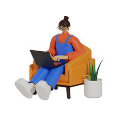3d illustration Young Woman Working Remotely with Laptop