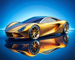 3d render of a golden car on blue background