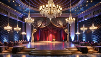 Luxe modern stage setup with velvet drapes and chandeliers for awards show