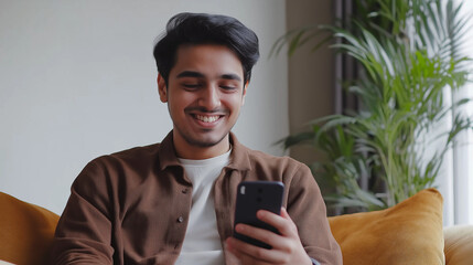 Fototapeta premium indian man sitting on sofa at home and looking at mobile phone, 