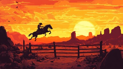 Naklejka premium Cowboy Riding Horse Over Fence at Sunset in Desert Landscape