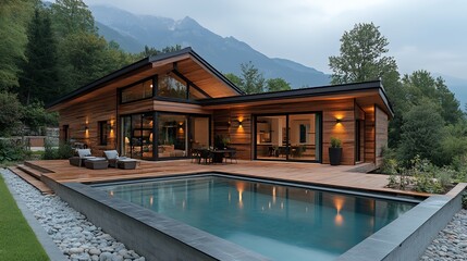 Modern wooden house with a swimming pool and mountain views.