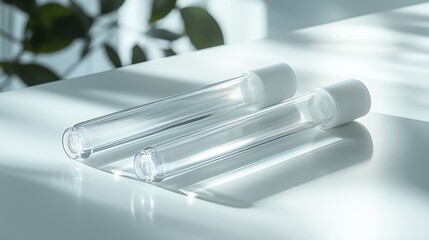 Two empty glass test tubes lying on a white surface, illuminated by natural light, creating a clean and minimal scientific atmosphere.