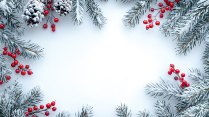 Festive Christmas tree with red balls and stars, set against a winter background with copy space.