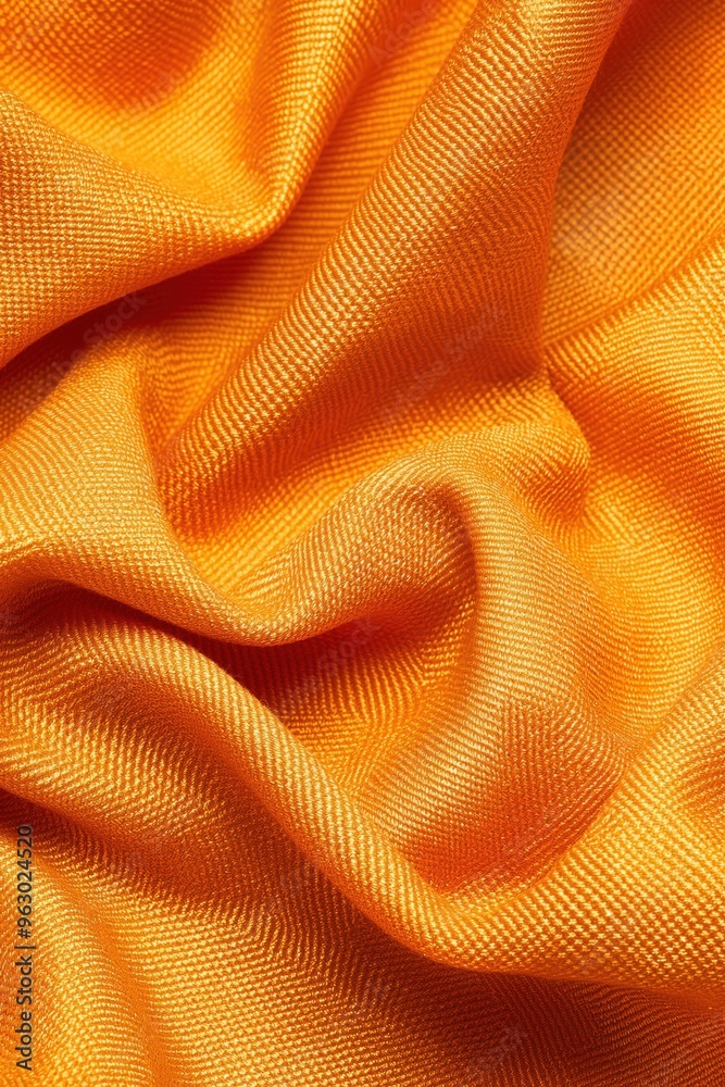 Poster Vibrant orange fabric texture with subtle pattern of small lines and wrinkles. Crumpled fabric with blurred background draws focus to unique textile design.