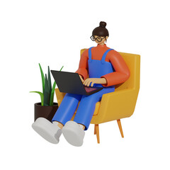 3d illustration Young Woman Working Remotely with Laptop