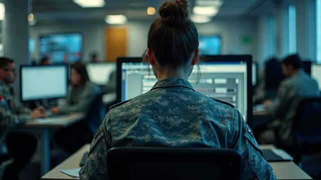 A woman in military uniform is focused on her computer screen in a training environment, surrounded by fellow service members working diligently on their tasks.