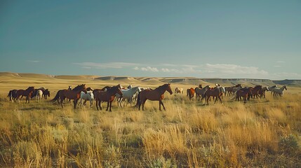 Herd of wild horses grazes in a vast meadow with rolling hills in the background under a bright blue sky.