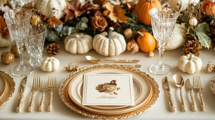 Top-down view of a Thanksgiving card featuring 'Thanksgiving' and an embossed turkey design, placed on a refined cream-colored table setting