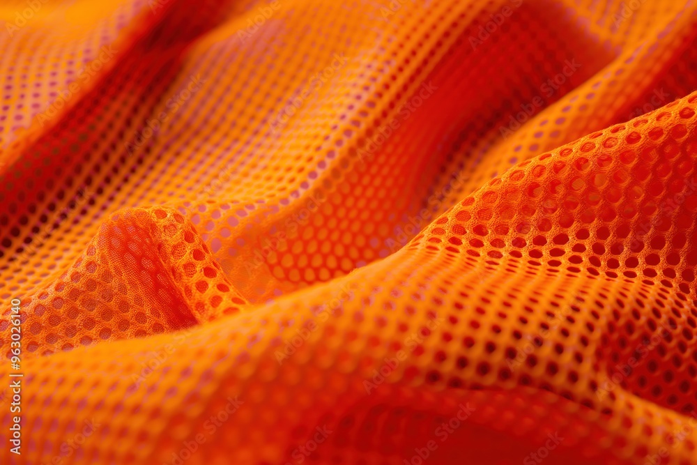 Poster vibrant orange synthetic fabric with textured pattern. smooth, shiny with intricate holes. blurred b