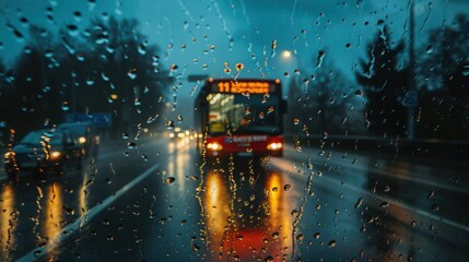 Visualize a long-distance bus navigating through a rainy day, with raindrops streaming down the windows and a wet, reflective road