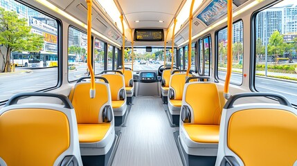 Bright and modern bus interior with orange seats, showcasing public transport's comfort and design in an urban setting.
