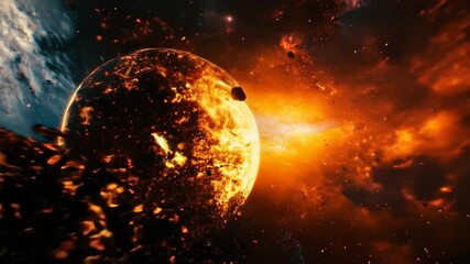 Fiery planet engulfed in flames in deep space, representing cosmic destruction and chaos