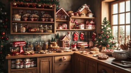 A festive kitchen scene with a holiday-themed baking setup, featuring freshly baked cookies, gingerbread houses