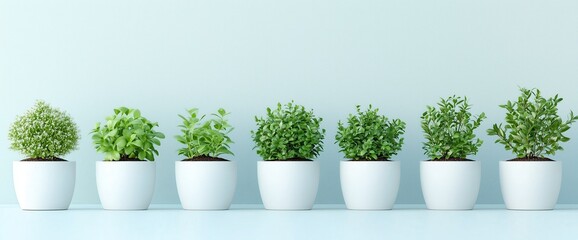 A row of white pots with green plants, isolated on a clear background