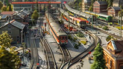 Naklejka premium Visualize a passenger train at a bustling railway junction, with multiple tracks and a mix of different train types and activities