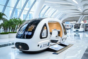 Obraz premium Futuristic transport pod in a modern urban environment, showcasing innovation and design in mobility solutions.