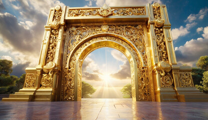 Obraz premium A majestic golden gate adorned with intricate designs opens towards a radiant, glowing sky, with sunlight breaking through the clouds in the background.