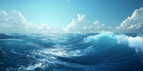 Fototapeta premium Ocean waves crashing under a blue sky.