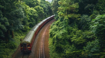 Fototapeta premium Visualize a passenger train moving through a dense forest, with tall trees and a narrow track winding through the greenery
