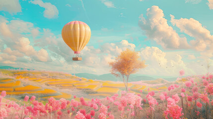 Fototapeta premium Hot air balloon soaring above a picturesque meadow with pink flowers and a bright blue sky filled with clouds.