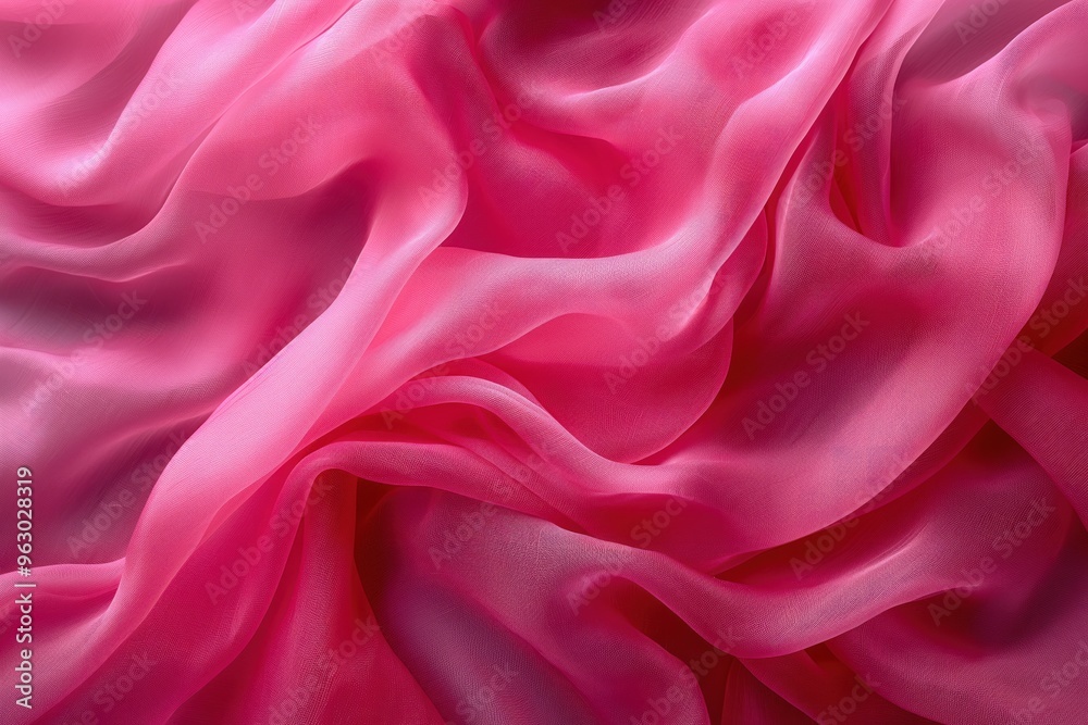 Fototapete Pink fabric texture pattern close-up view. Soft flowing folds create movement dynamic sense. Vibrant pink color with subtle red purple hints adding depth contrast. Elevated angle intricate details.