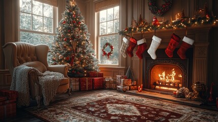 Fototapeta premium A warm and inviting Christmas living room with a decorated tree, stockings hung by the fireplace, and a cozy armchair with a knitted blanket