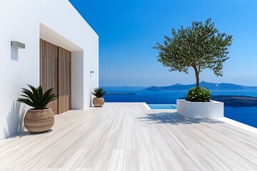 Modern terrace with stunning ocean view, featuring elegant plants and a serene atmosphere, perfect for relaxation and inspiration.