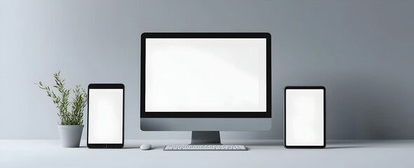 Highly detailed 3D showcasing a modern computer tablet and smartphone with blank white screens on an isolated background Concept for a digital device mockup design template or banner advertisement