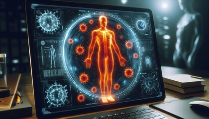 Digital Human Model with Coronavirus on Laptop Screen.