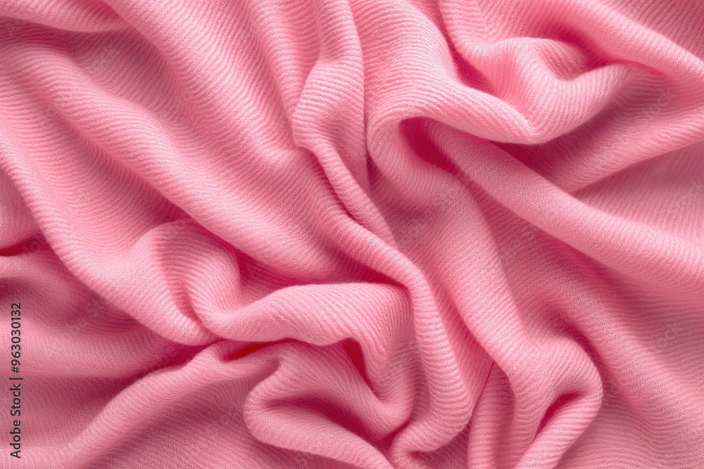 Poster Pink fabric texture pattern close-up view with crinkled folds and creases. Blurred background highlights intricate details. Soft pink color with subtle white and gray hints adds contrast and depth.