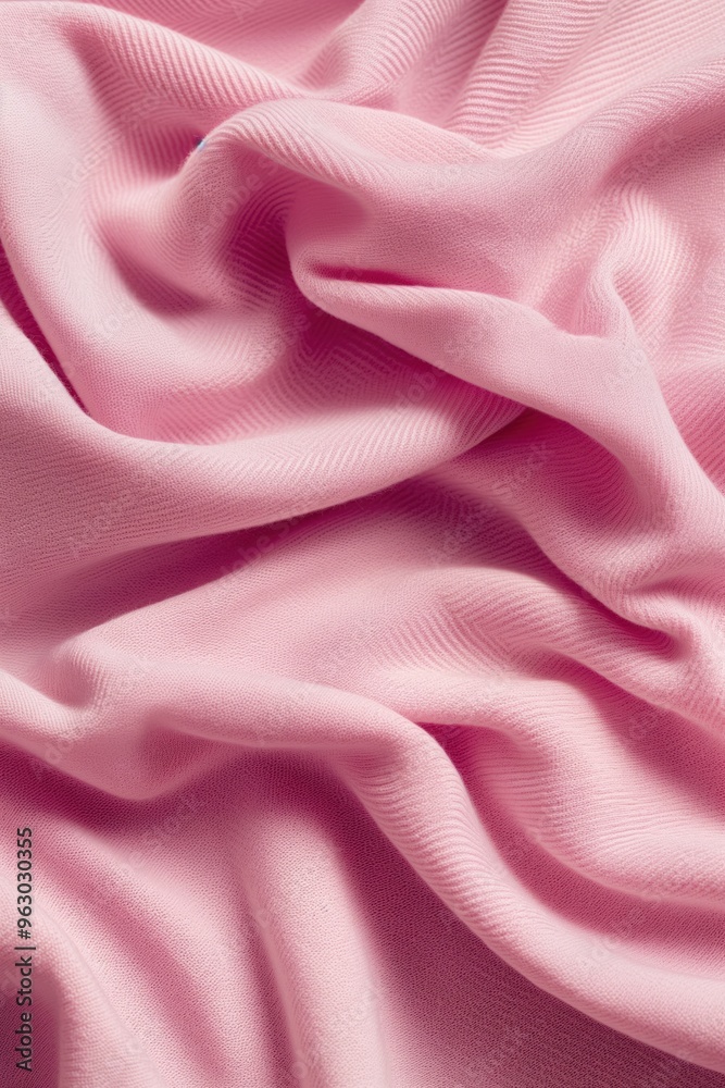 Poster Pink fabric texture pattern close-up view. Crumpled folds create depth dimensionality. Blurred background highlights intricate details. Textured fabric in black and white.