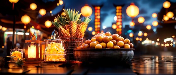 Vibrant night market scene featuring fresh fruits, lanterns, and decorative elements, creating a festive atmosphere.
