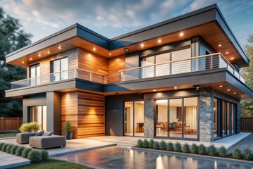 Obraz premium A large house with a pool and a balcony