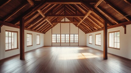 Empty Room with Exposed Wooden Beams and Hardwood Floor