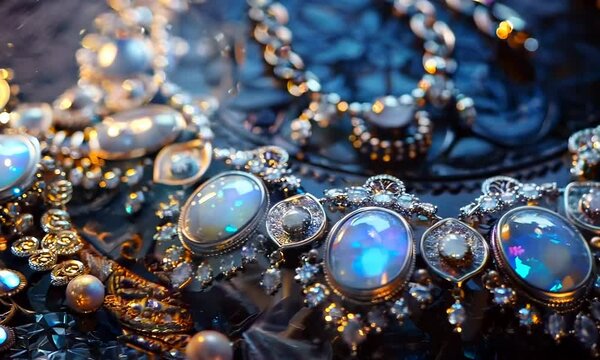 Intricate silver necklace with cascading opal and moonstone pendants, Video