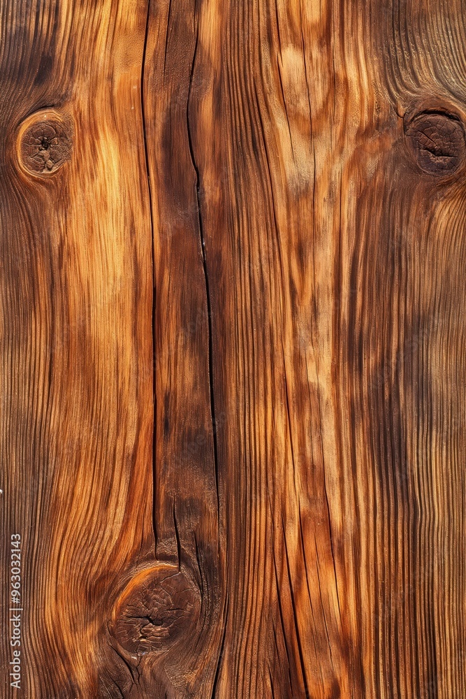 Poster weathered wooden surface with dark brown hue, grainy texture and small holes. close-up view from sli