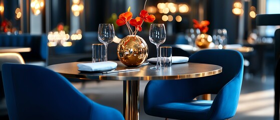 Elegant dining table setup in a modern restaurant featuring decorative vase and stylish blue chairs.