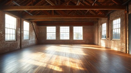 Empty Room with Exposed Brick Walls, Wooden Beams, and Sunlight Streaming Through Windows