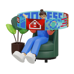 3d illustration Young Woman Engaging with Hologram Screen