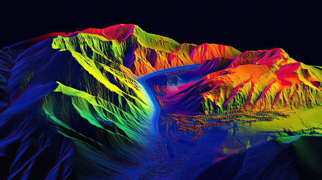 Technical aerial visual, 3D LiDAR GIS aerial map satellite scan model isolated, showing Gabala, Azerbaijan . Elevation, topography, render