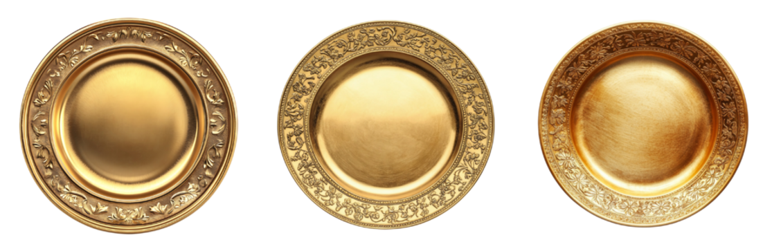 set of golden plates, beautiful designs within the plates, Isolated on white or transparent background 